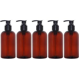 16 oz Amber Boston Plastic Bottles with Pump Cap (5 Pack)